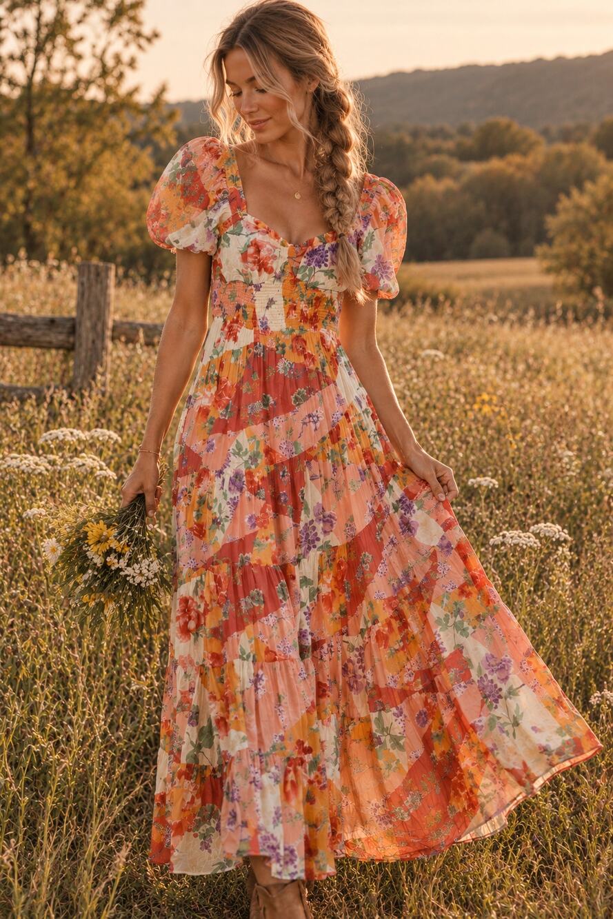 Free People Sundrenched Short-Sleeve Maxi Dress Floral Print Combo Boho Floral